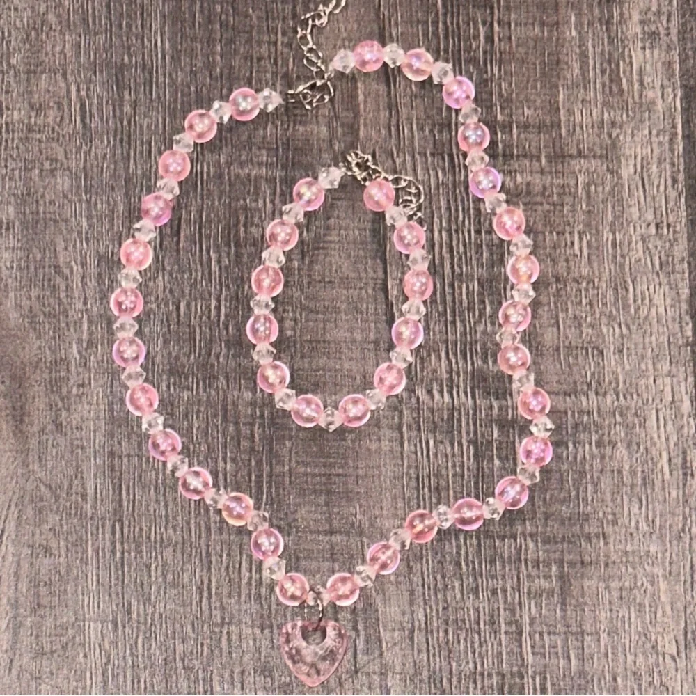 💞 Pink & Clear Beaded Necklace & Bracelet Set